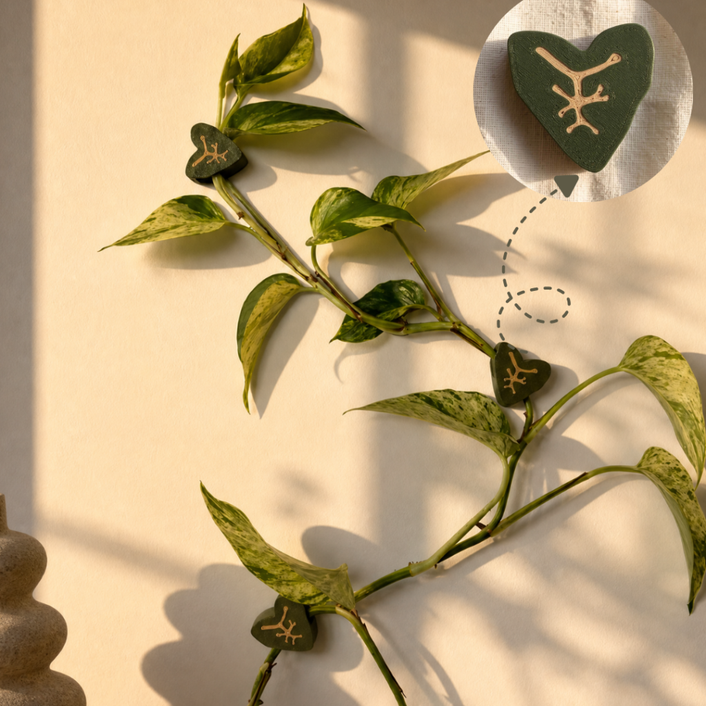 Alocasia leaf plant clips holding a pothos vine trained along a wall