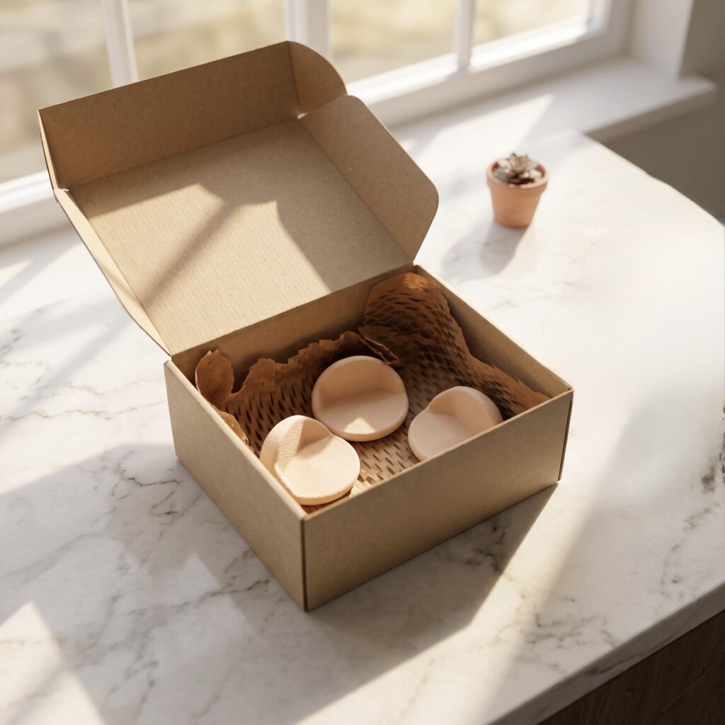 Thuisely pebble pot riser packaging box in terracotta and sage colors