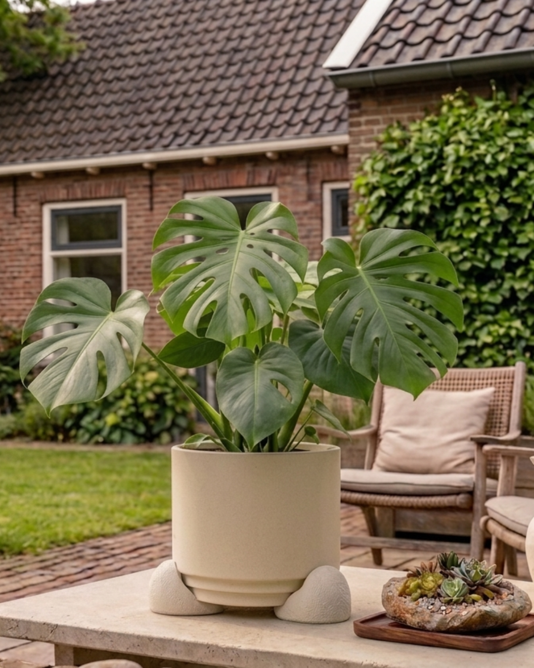plant pot lifted on pebble shaped risers outdoor