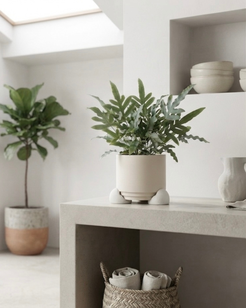 Terracotta plant pot lifted on pebble-shaped risers on an indoor windowsill